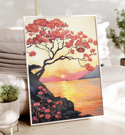 a painting of a tree on a table next to a couch