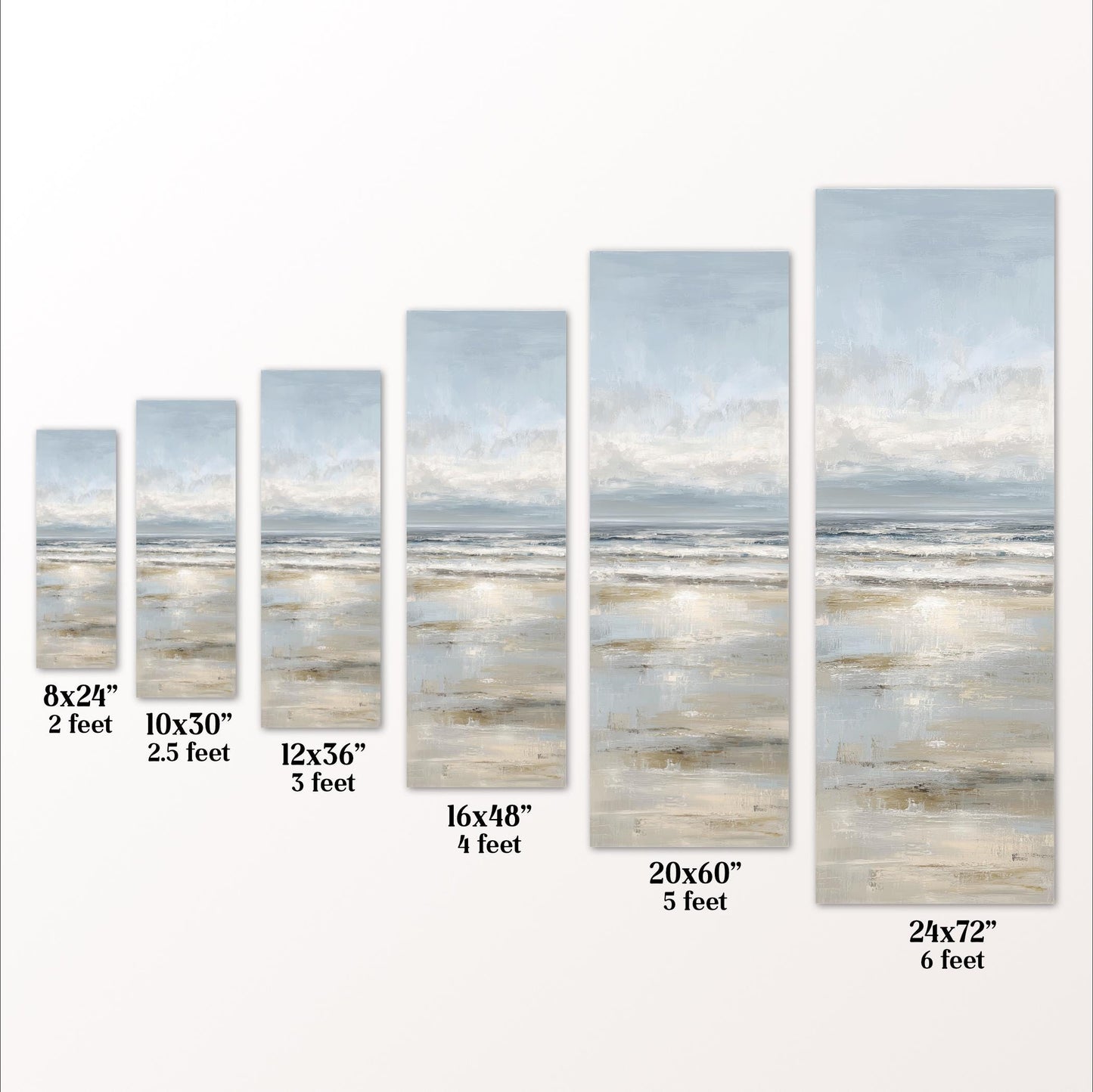 a series of paintings or photographs depicting various sizes of beach scenes, ranging from 8x24" to 20x60".