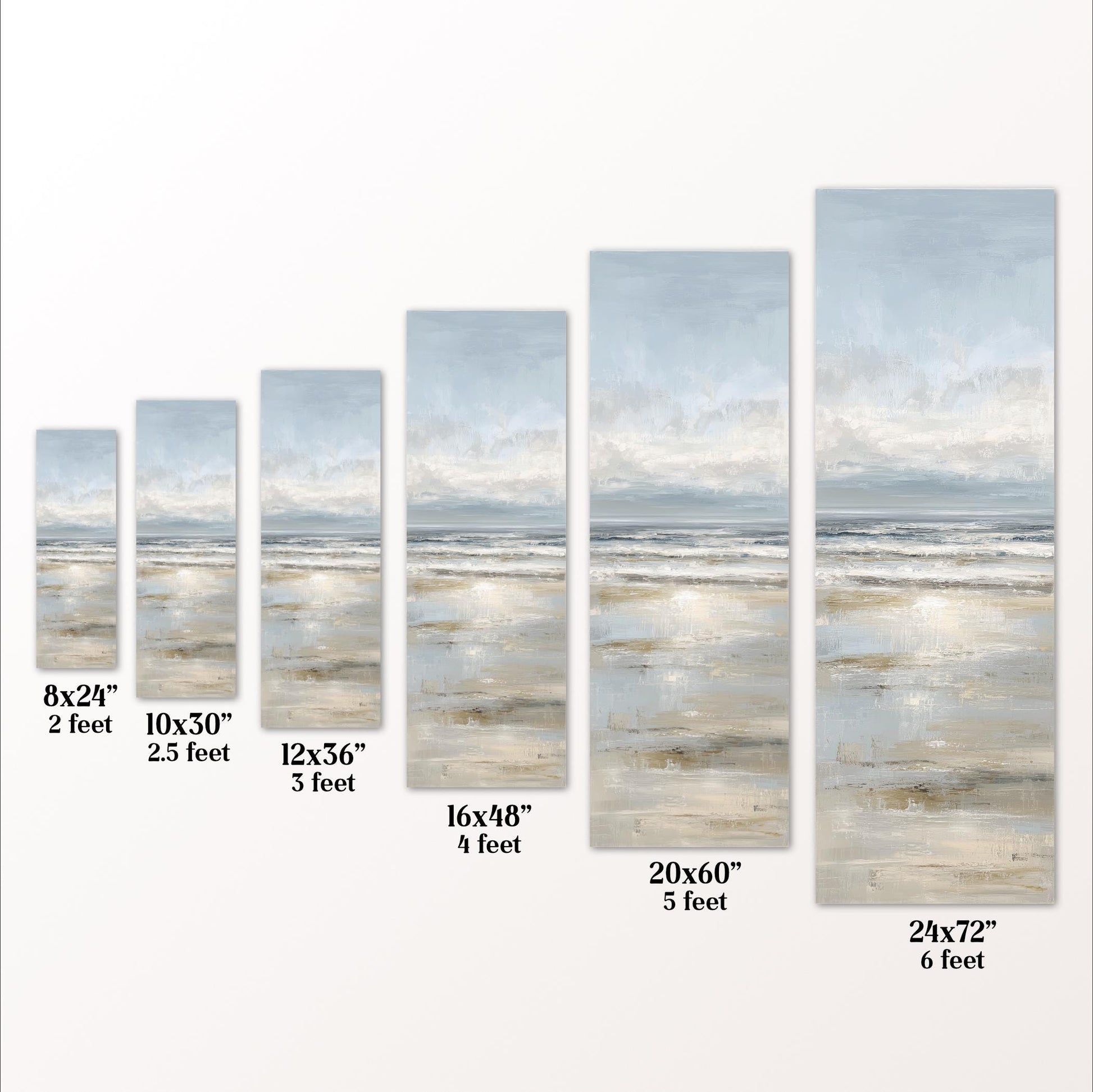 a series of paintings or photographs depicting various sizes of beach scenes, ranging from 8x24" to 20x60".