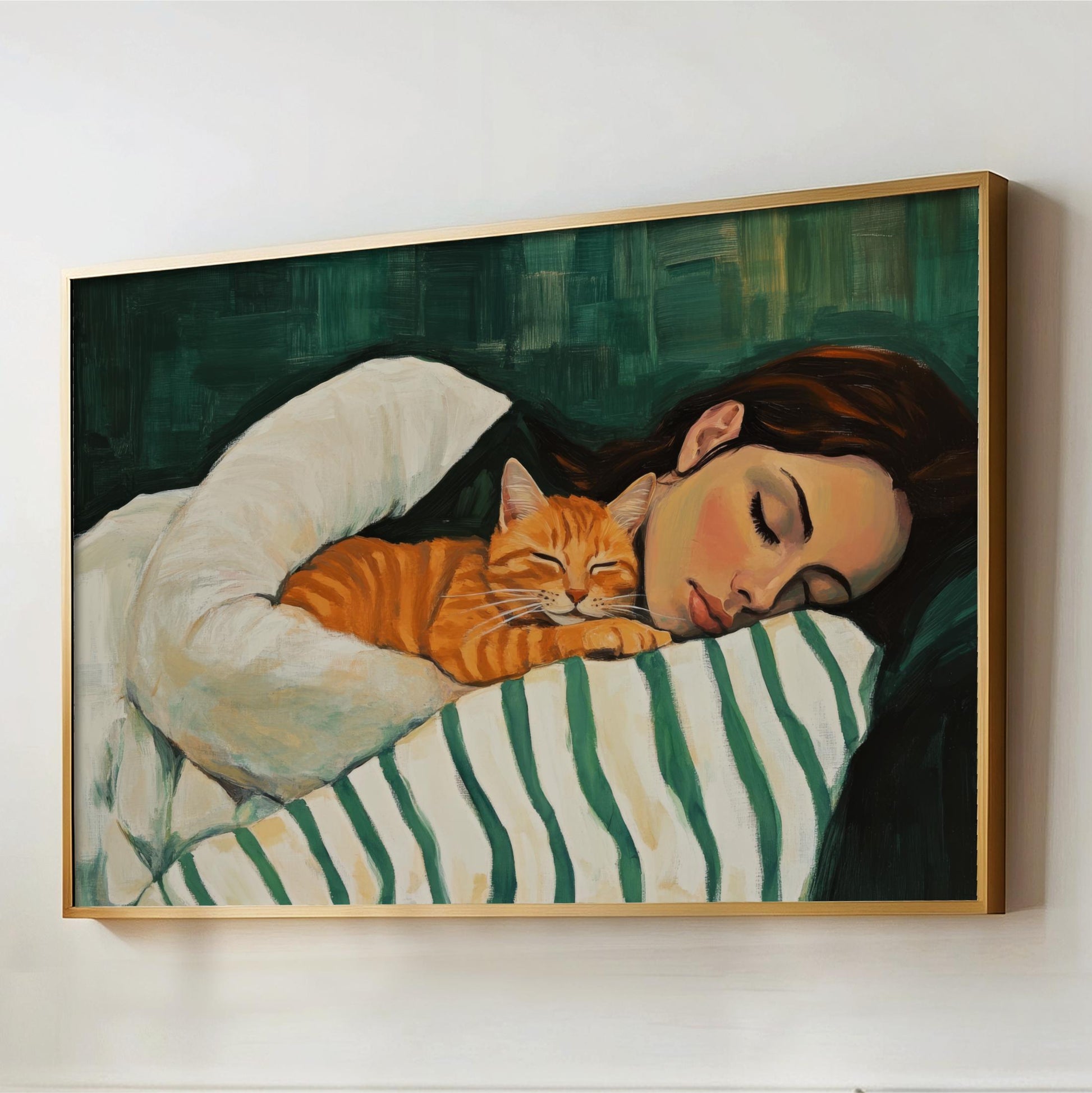 a painting of a woman sleeping with a cat