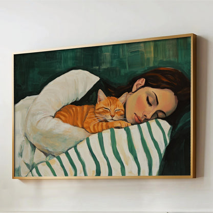 a painting of a woman sleeping with a cat
