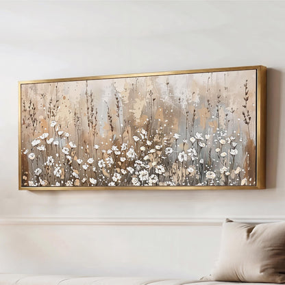 Wildflower Field Neutral Wall Art, Beige, Brown White Flowers, Panorama Floral Landscape, Modern Farmhouse Large Horizontal Framed Artwork