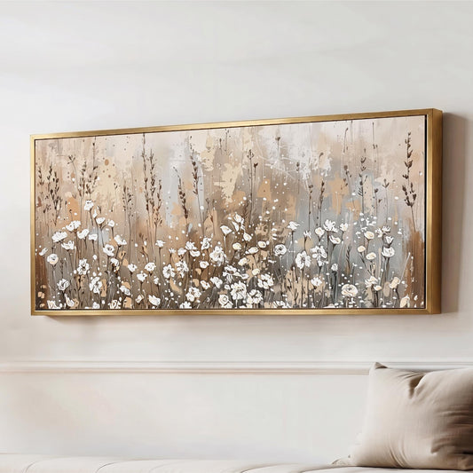 Wildflower Field Neutral Wall Art, Beige, Brown White Flowers, Panorama Floral Landscape, Modern Farmhouse Large Horizontal Framed Artwork