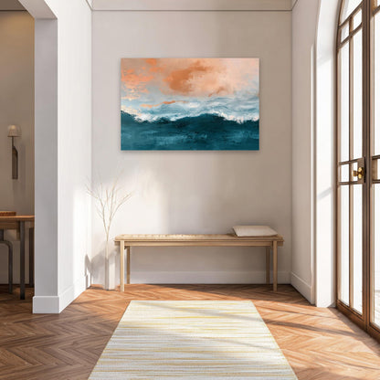 a serene and modern hallway with a large painting of a blue and orange ocean scene hanging on the wall. The hallway has a wooden bench and a rug on the floor, creating a cozy and inviting atmosphere.