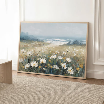 a large painting of a field of white flowers against a blue sky.