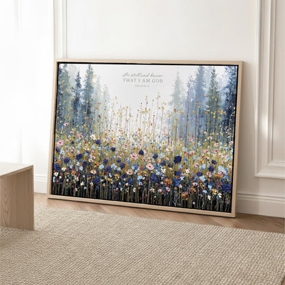 The image is a framed painting depicting a field of colorful wildflowers.