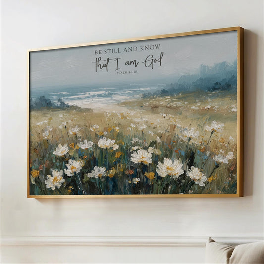 The image is a framed painting depicting a field of white flowers against a blue sky.