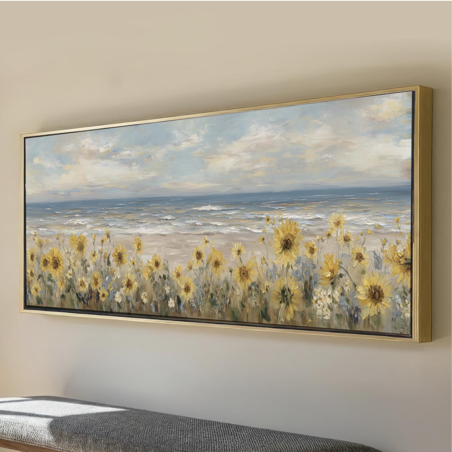 The image is a large painting depicting a field of yellow flowers, possibly sunflowers, against a backdrop of a blue sky with clouds.