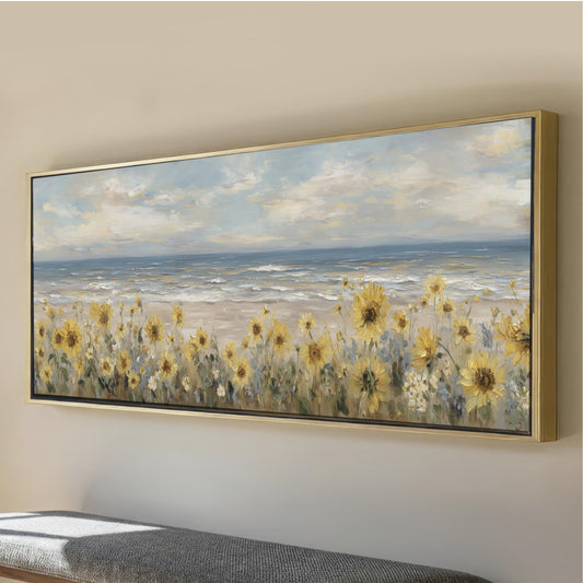 The image is a large painting depicting a field of yellow flowers, possibly sunflowers, against a backdrop of a blue sky with clouds.