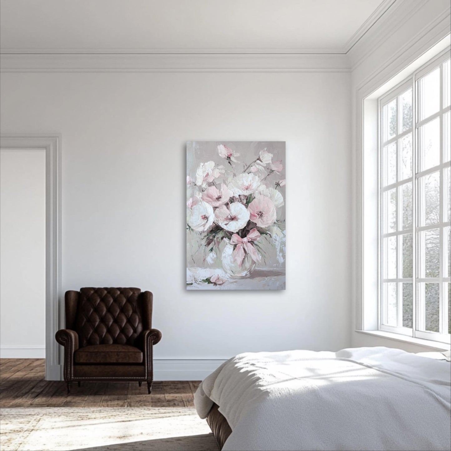 a bedroom with a chair and a painting on the wall