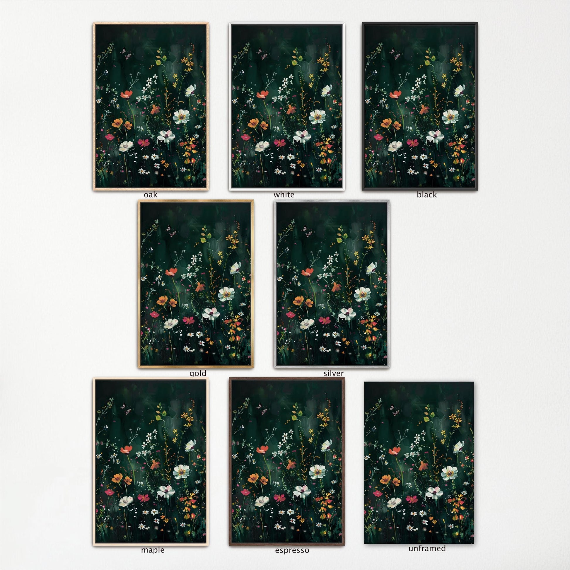 a collection of nine framed artworks, each featuring a different floral design. The artworks are arranged in a grid format, with three rows and three columns. The artworks display various color palettes and styles, showcasing the diversity of the floral designs.