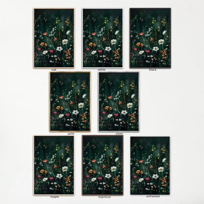 a collection of nine framed artworks, each featuring a different floral design. The artworks are arranged in a grid format, with three rows and three columns. The artworks display various color palettes and styles, showcasing the diversity of the floral designs.