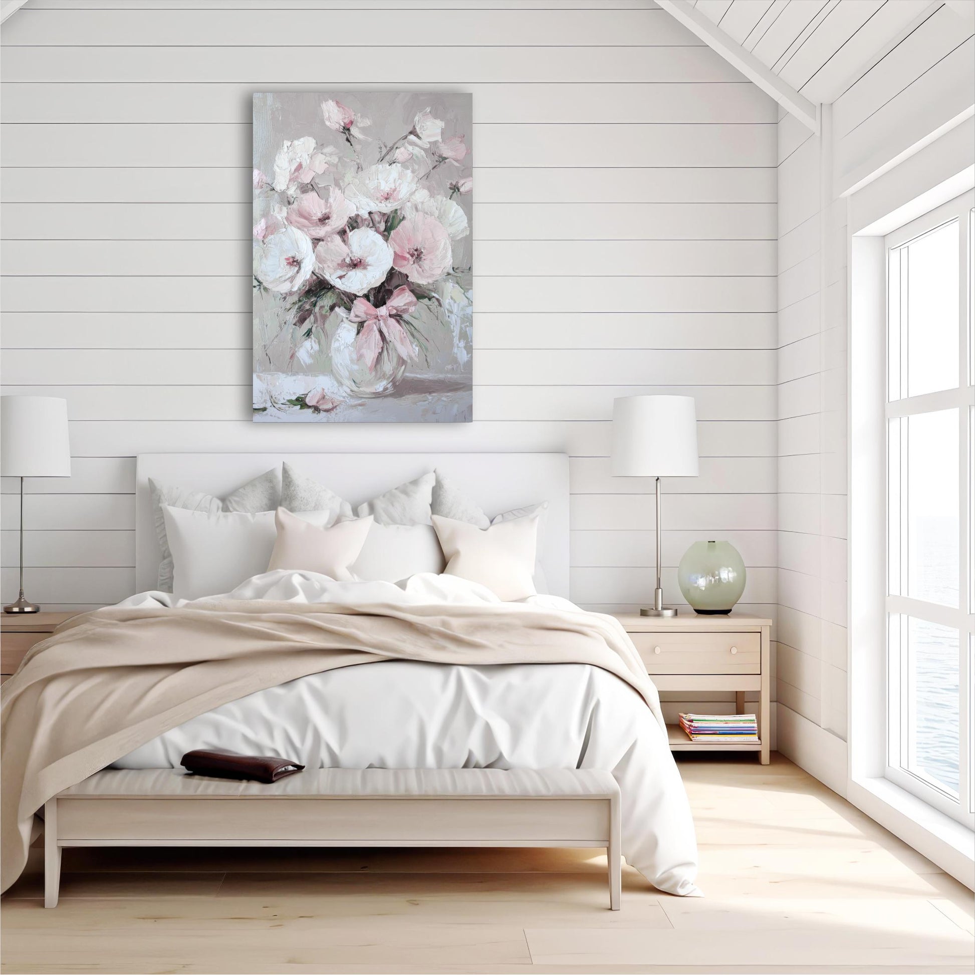 a bedroom with a bed and a painting on the wall