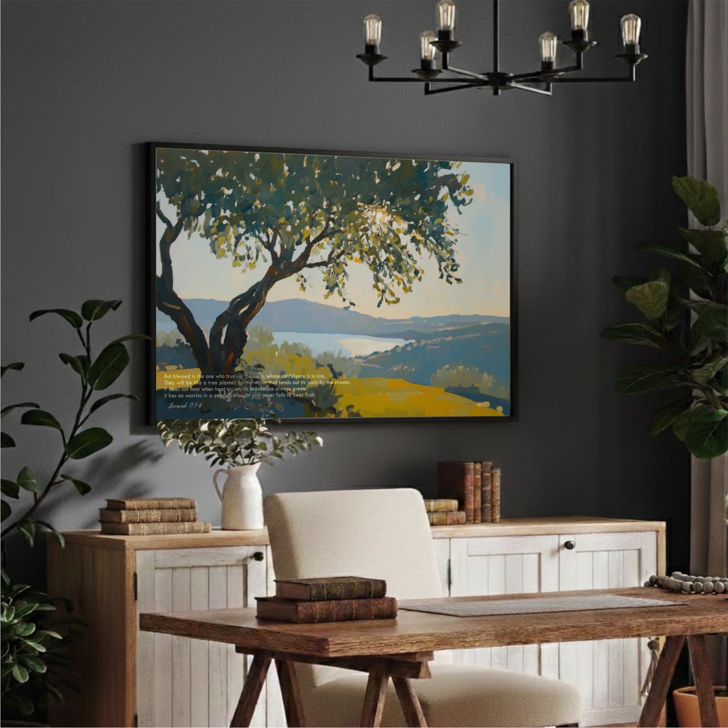 a serene indoor setting with a large painting of a tree and a landscape on the wall, a wooden desk with a white chair, and a chandelier overhead.