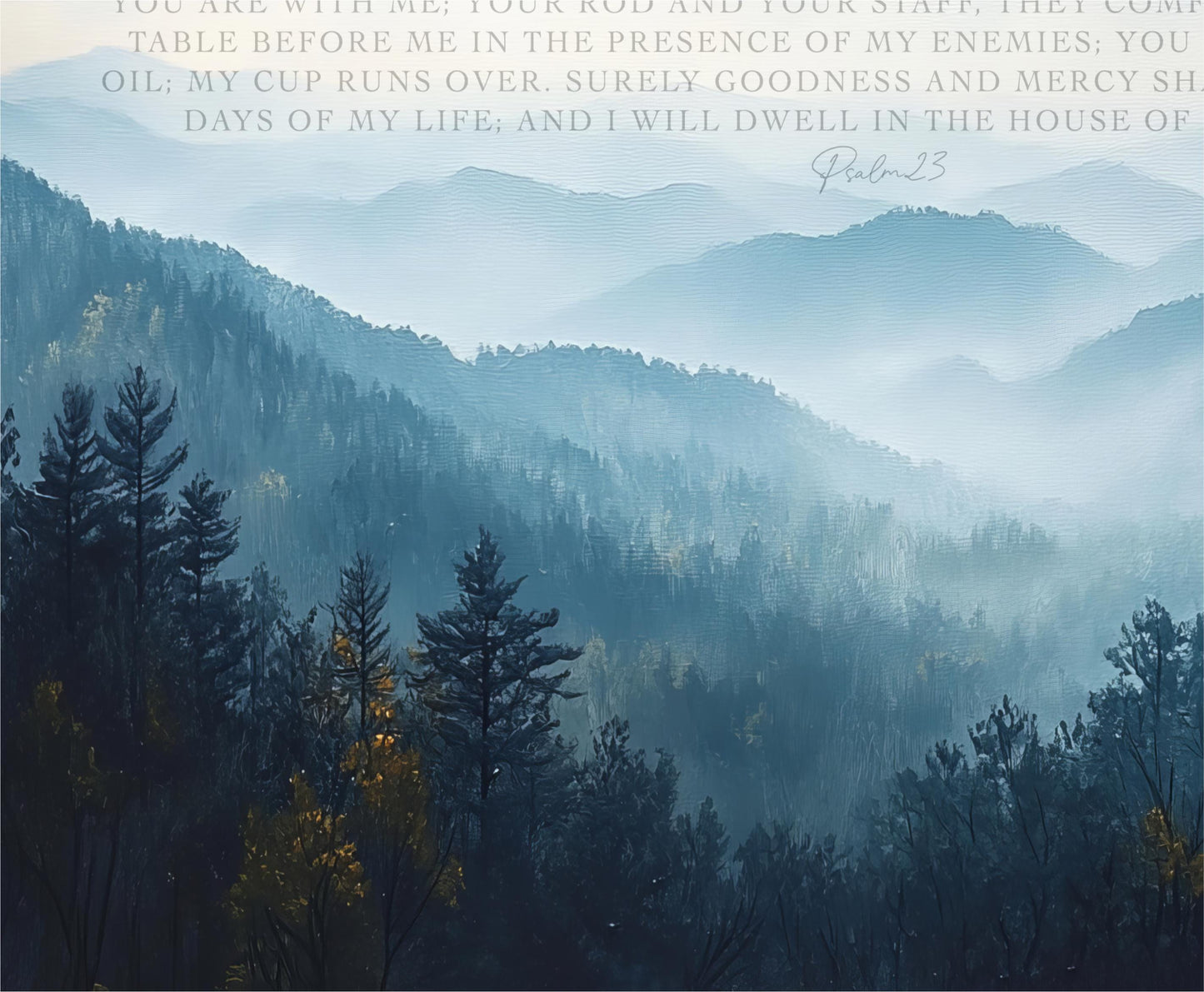 a serene mountain landscape with a dense forest of pine trees in the foreground and a hazy, misty mountain range in the background.