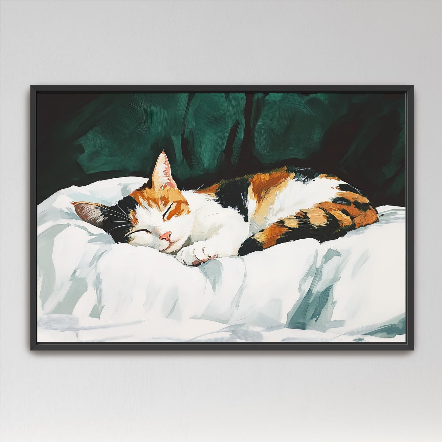 a painting of a cat sleeping on a bed