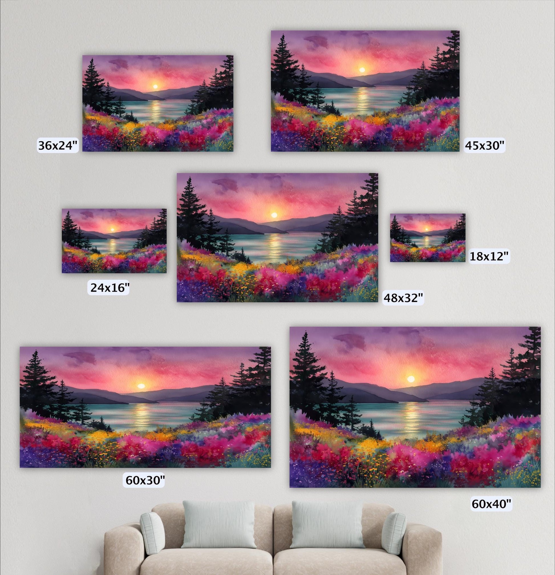 a collection of five landscape paintings depicting a sunset over a field of flowers, with varying sizes and framing.