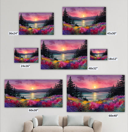 a collection of five landscape paintings depicting a sunset over a field of flowers, with varying sizes and framing.