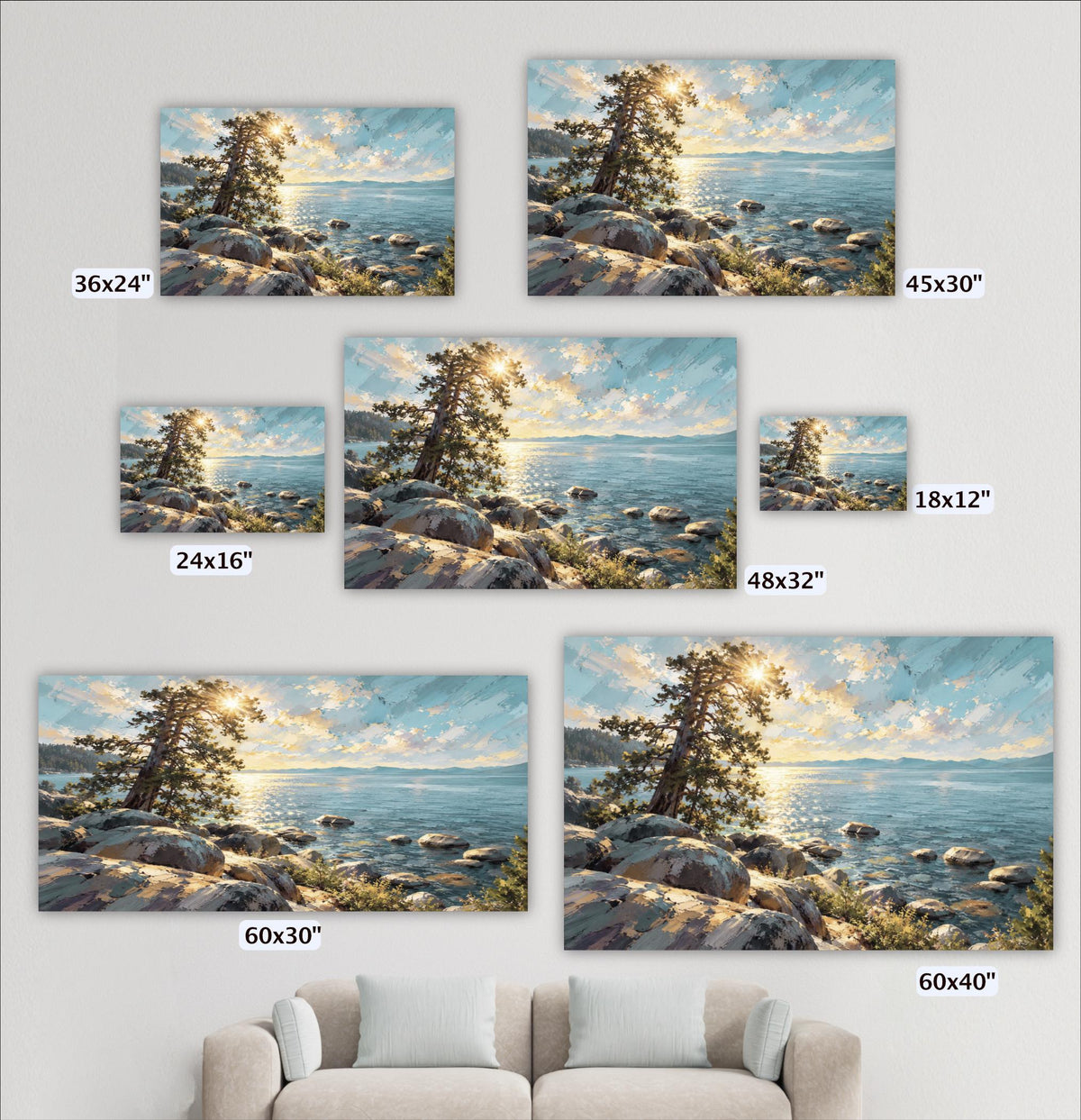a collection of six landscape paintings, each depicting a serene scene of a rocky shoreline with a tree and a body of water. The paintings vary in size, ranging from 36x24" to 45x30", and are arranged in a grid-like pattern on a wall.