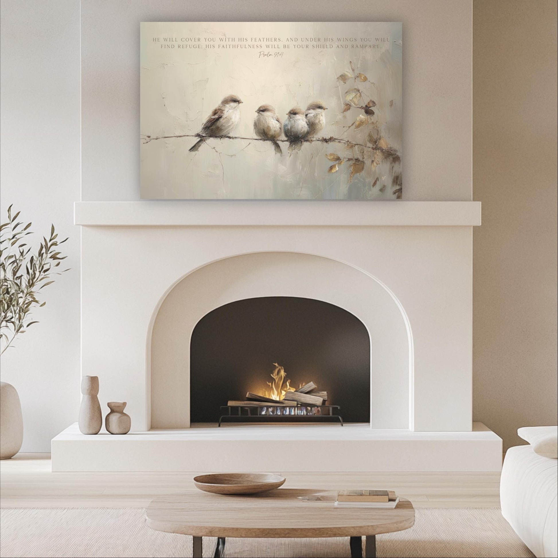 a cozy living room with a white fireplace, a wooden coffee table, and a painting of birds perched on a branch above the fireplace.