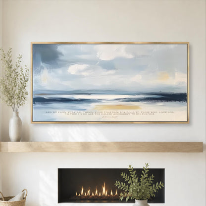 a large framed painting of a serene landscape with a cloudy sky and a body of water, hanging above a fireplace with a vase of greenery on the mantel.