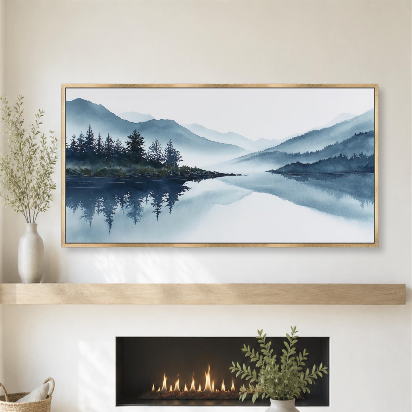 a large landscape painting hanging on a wall above a fireplace, with a vase of greenery and a potted plant on a shelf below the painting.