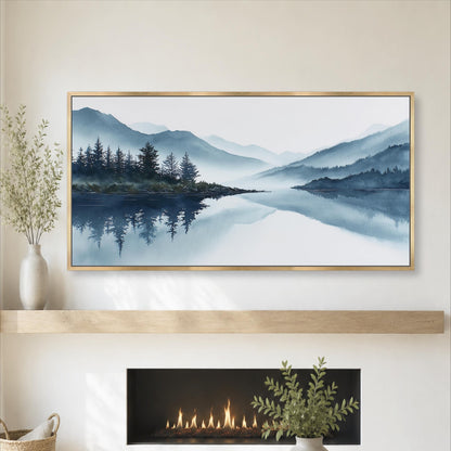 a large landscape painting hanging on a wall above a fireplace, with a vase of greenery and a potted plant on a shelf below the painting.