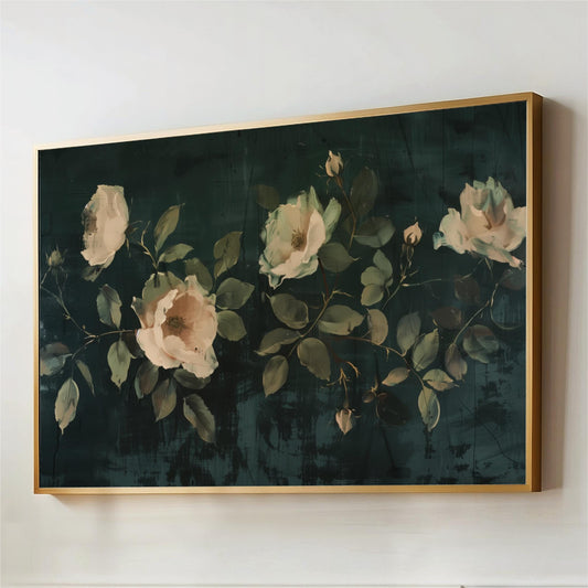 Vintage Dark Green Wildflower Art, Cottagecore Framed Canvas, Dark Moody Victorian Landscape Floral