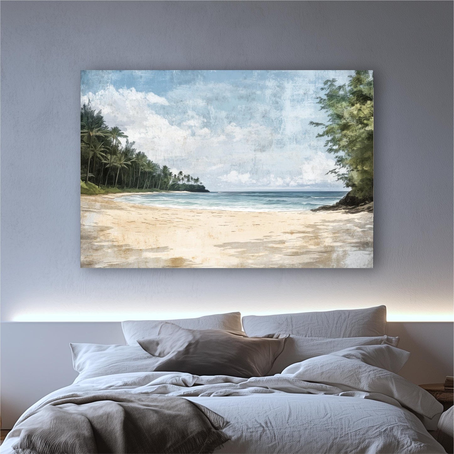 a bed with a white comforter and a painting on the wall above it