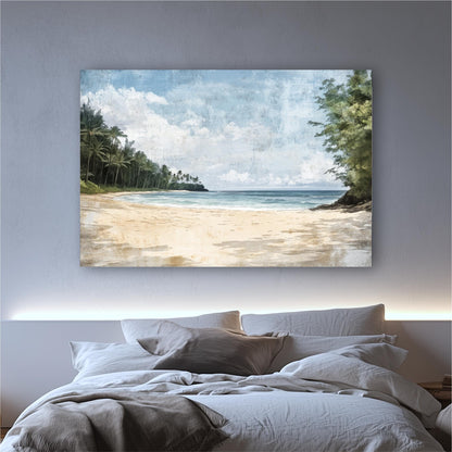a bed with a white comforter and a painting on the wall above it