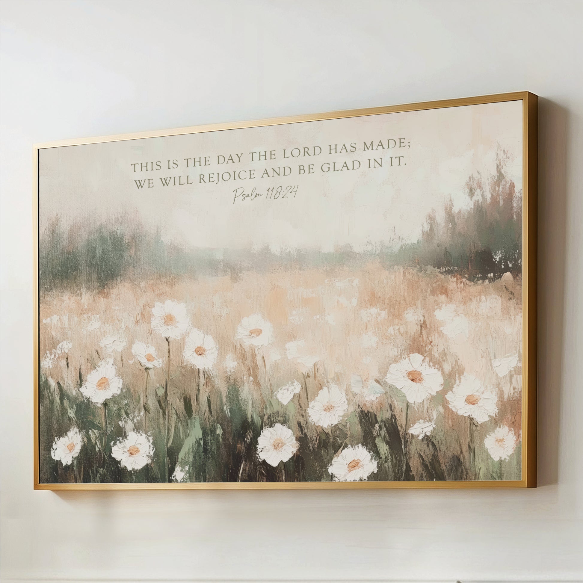 The image is a framed painting depicting a field of white flowers against a blurred natural background.