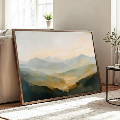 a large framed painting of a mountainous landscape, with a warm and serene color palette of green, orange, and blue. The painting is displayed on a wooden stand in a room with a window and a plant, creating a cozy and inviting atmosphere.
