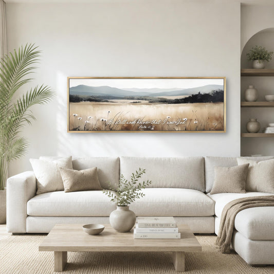 a living room with a large, framed landscape painting hanging on the wall above a white sofa. The painting depicts a serene countryside scene with rolling hills and a field of flowers. The room is decorated with a wooden coffee table, a potted plant, and a vase with greenery.