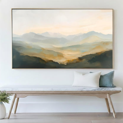 a large painting of a mountainous landscape hanging on a wall above a wooden bench with pillows.