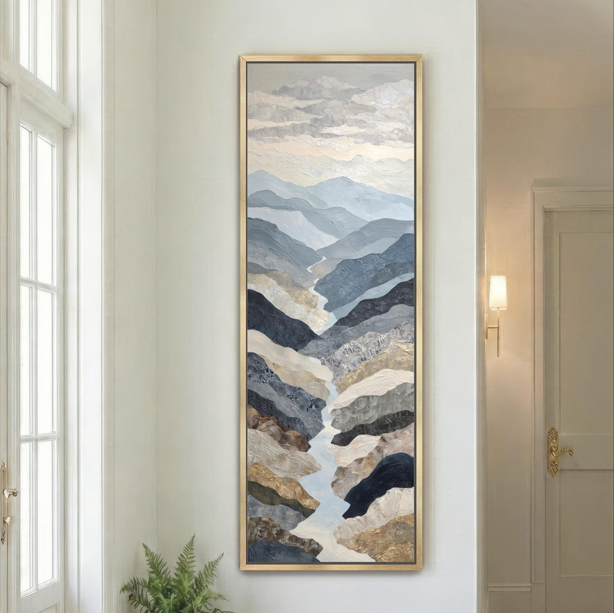 River Mountain Landscape Wall Art, Abstract Vertical Canvas Print, Navy Blue Beige Modern Nature Framed Artwork, Entryway Hallway Art