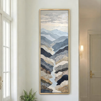 River Mountain Landscape Wall Art, Abstract Vertical Canvas Print, Navy Blue Beige Modern Nature Framed Artwork, Entryway Hallway Art