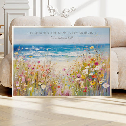The image is a framed painting depicting a vibrant field of flowers with a serene ocean view in the background.