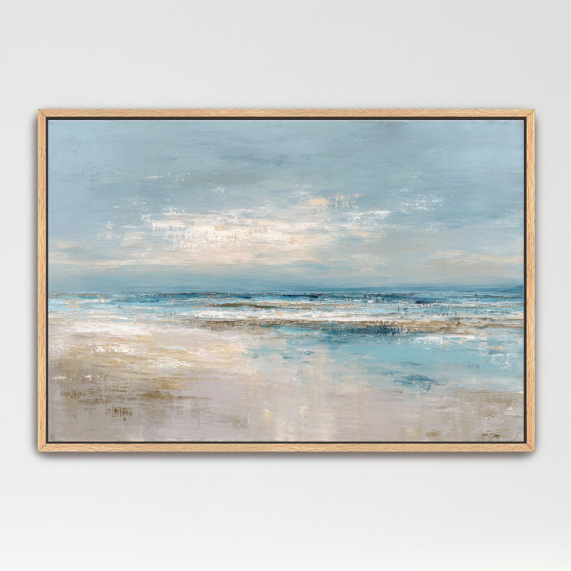 The image is a painting of a serene beach scene with a blue sky, ocean, and sandy shore.