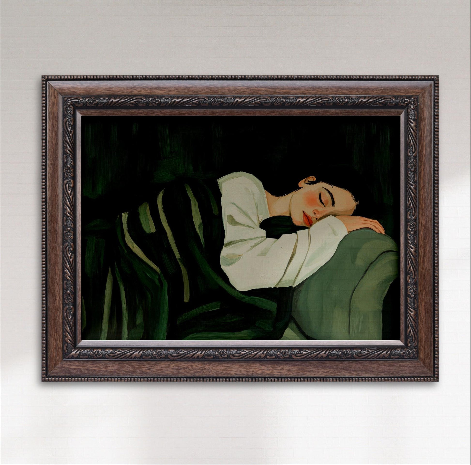 A framed painting depicting a woman sleeping on a green couch.