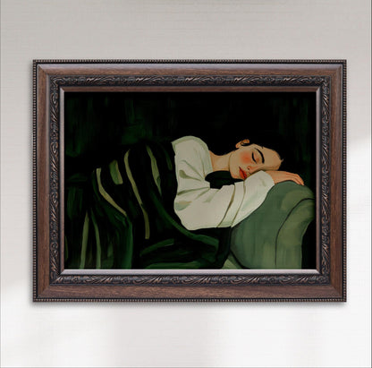 A framed painting depicting a woman sleeping on a green couch.