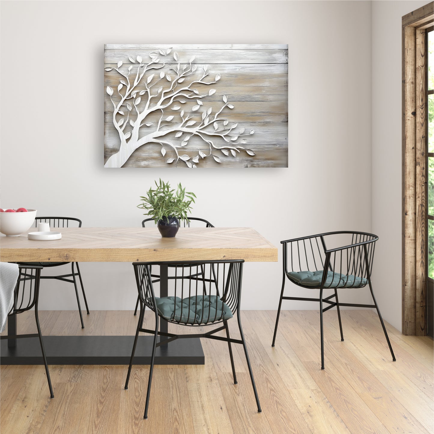 a dining room with a wooden table and chairs, a decorative wall hanging, and a potted plant on the table.