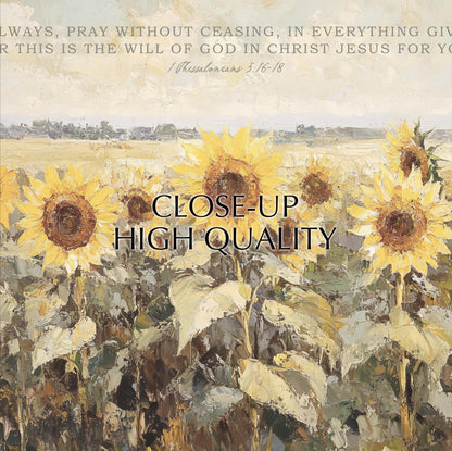 The image is a close-up of a field of sunflowers, with a Bible verse from 1 Corinthians 3:16-18 visible in the background.