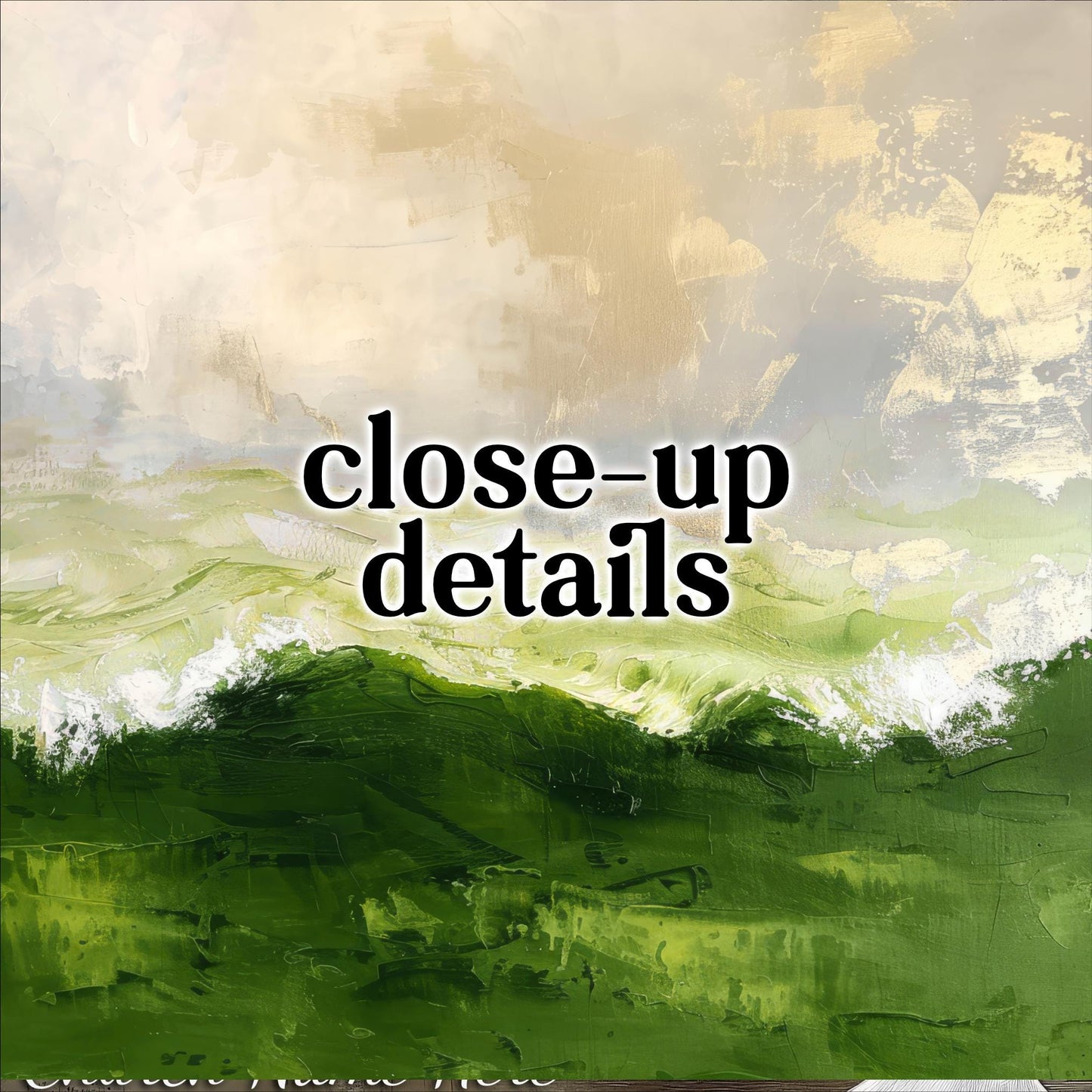 The image is a close-up of a painting that depicts a landscape with green and white colors, possibly a beach or a field.