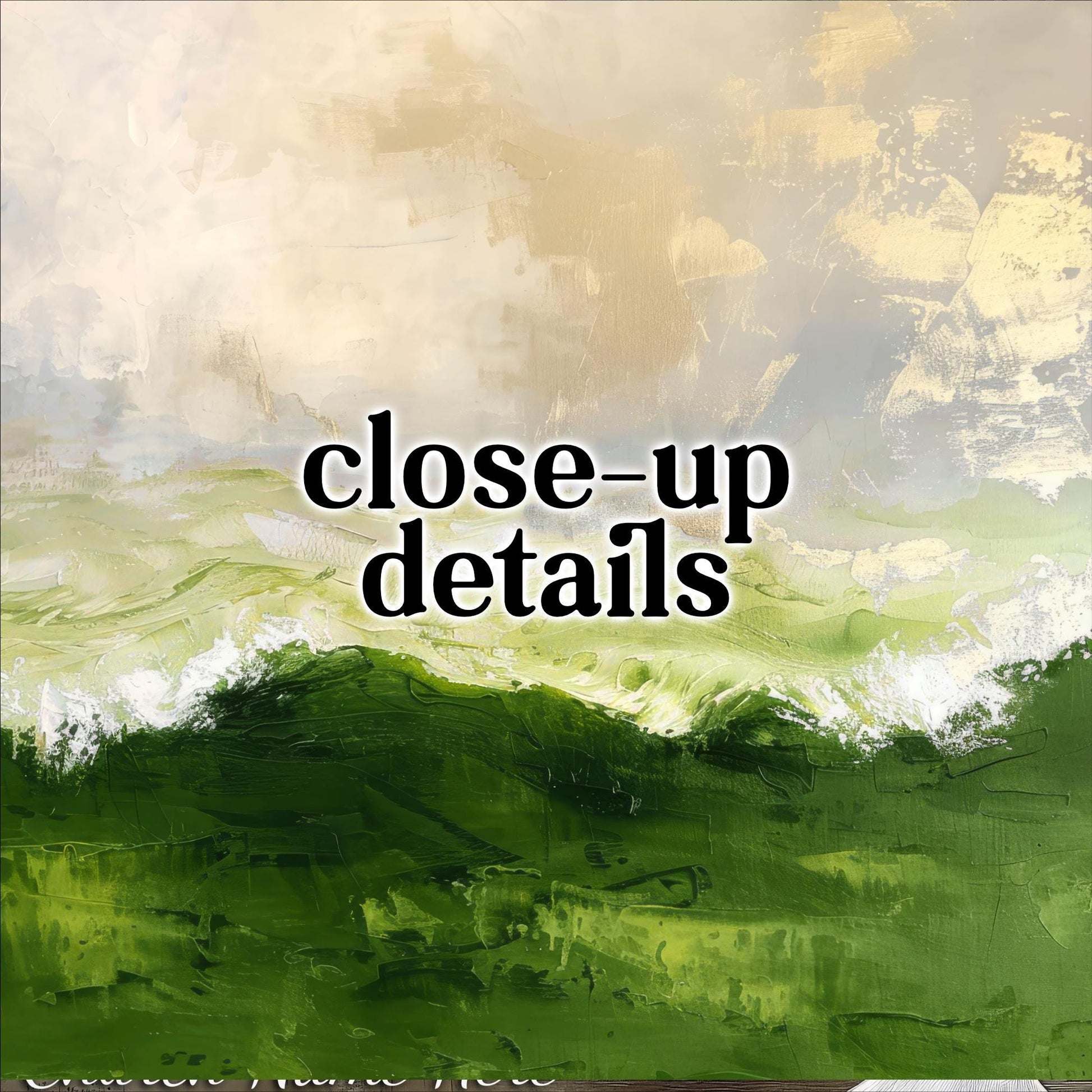 The image is a close-up of a painting that depicts a landscape with green and white colors, possibly a beach or a field.