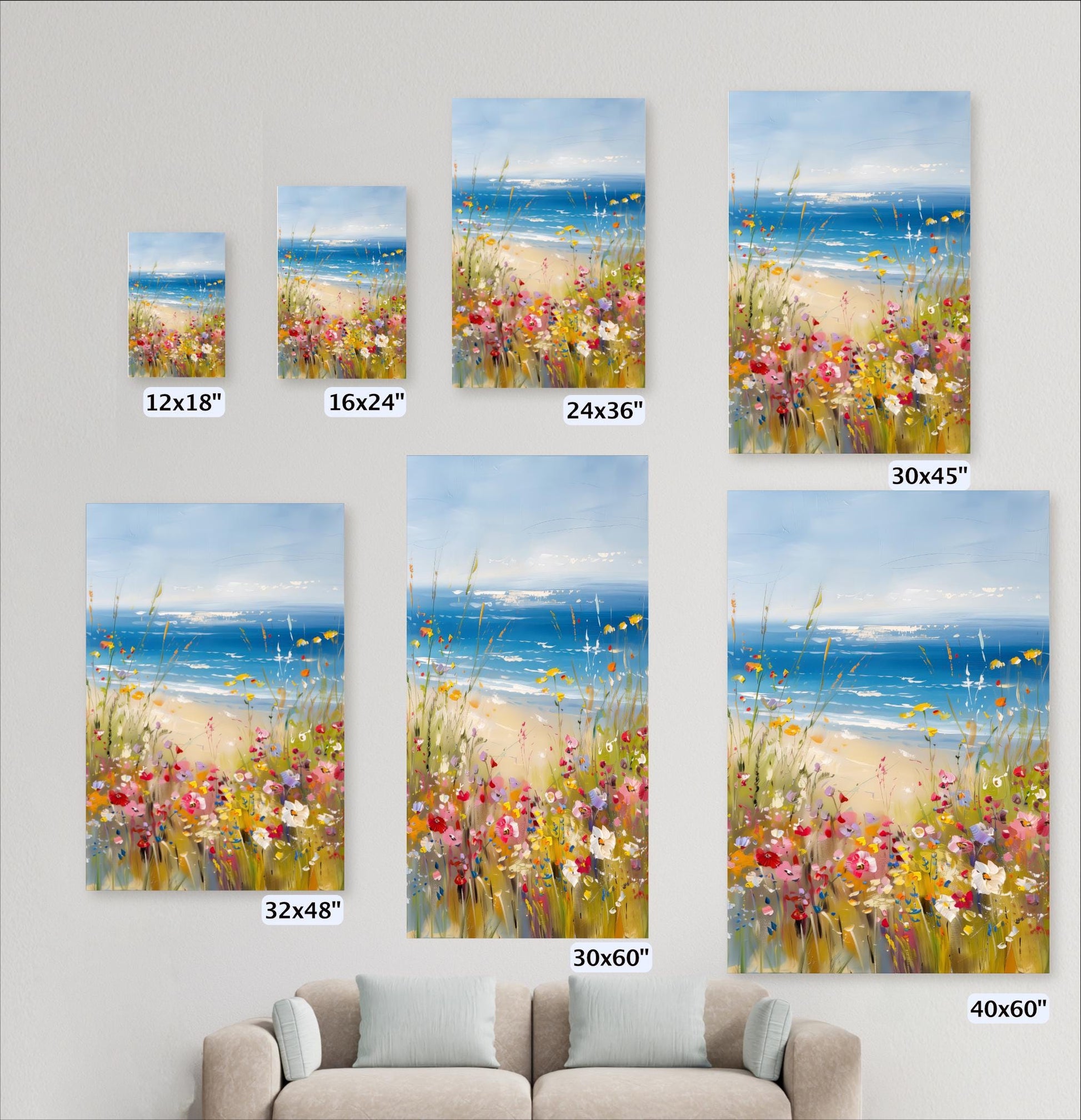 a collection of framed paintings or artwork depicting a beach scene with flowers and the ocean. The paintings vary in size, ranging from 12x18" to 30x60", and are arranged on a wall next to a couch.