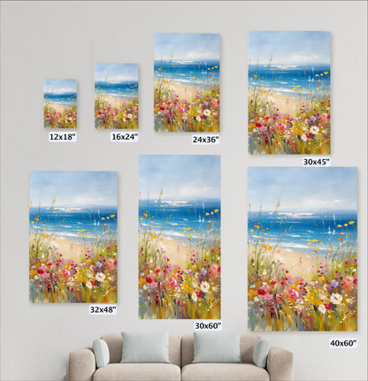 a collection of framed paintings or artwork depicting a beach scene with flowers and the ocean. The paintings vary in size, ranging from 12x18" to 30x60", and are arranged on a wall next to a couch.