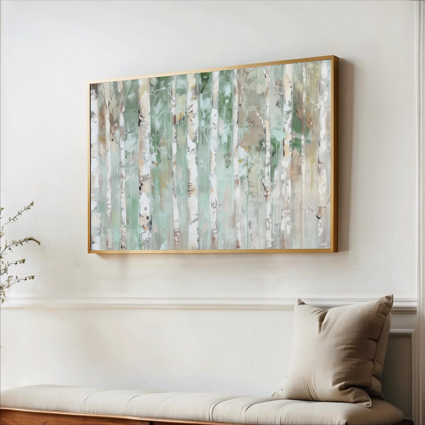 a large framed painting of birch trees hanging on a white wall above a wooden bench.