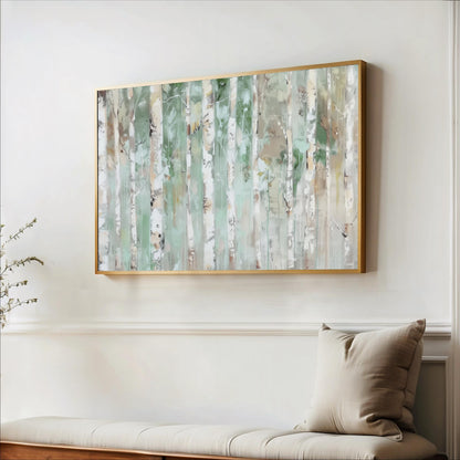 a large framed painting of birch trees hanging on a white wall above a wooden bench.