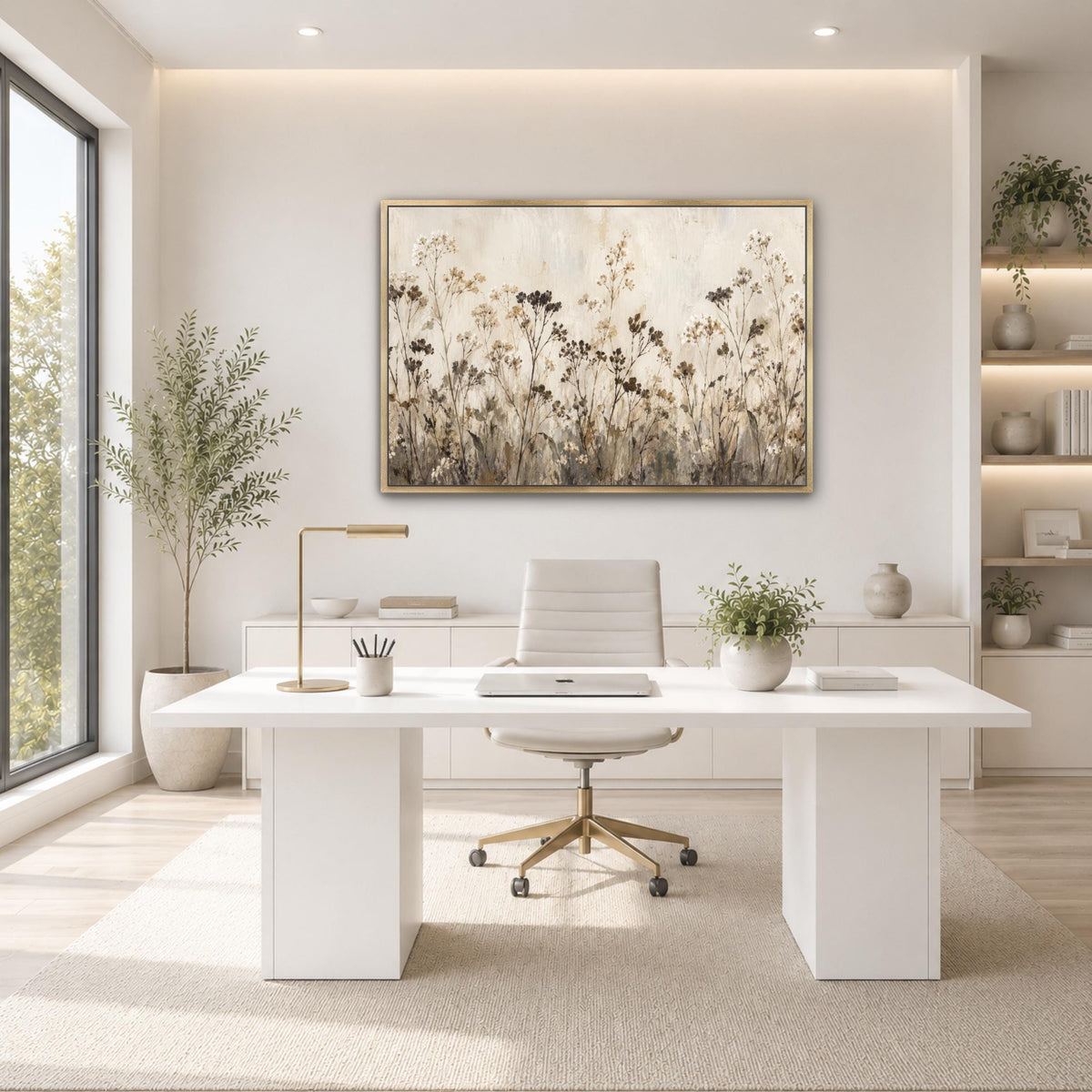 a modern, minimalist office space with a large window, a white desk, a white chair, and a large painting of flowers on the wall.