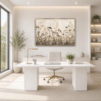 a modern, minimalist office space with a large window, a white desk, a white chair, and a large painting of flowers on the wall.